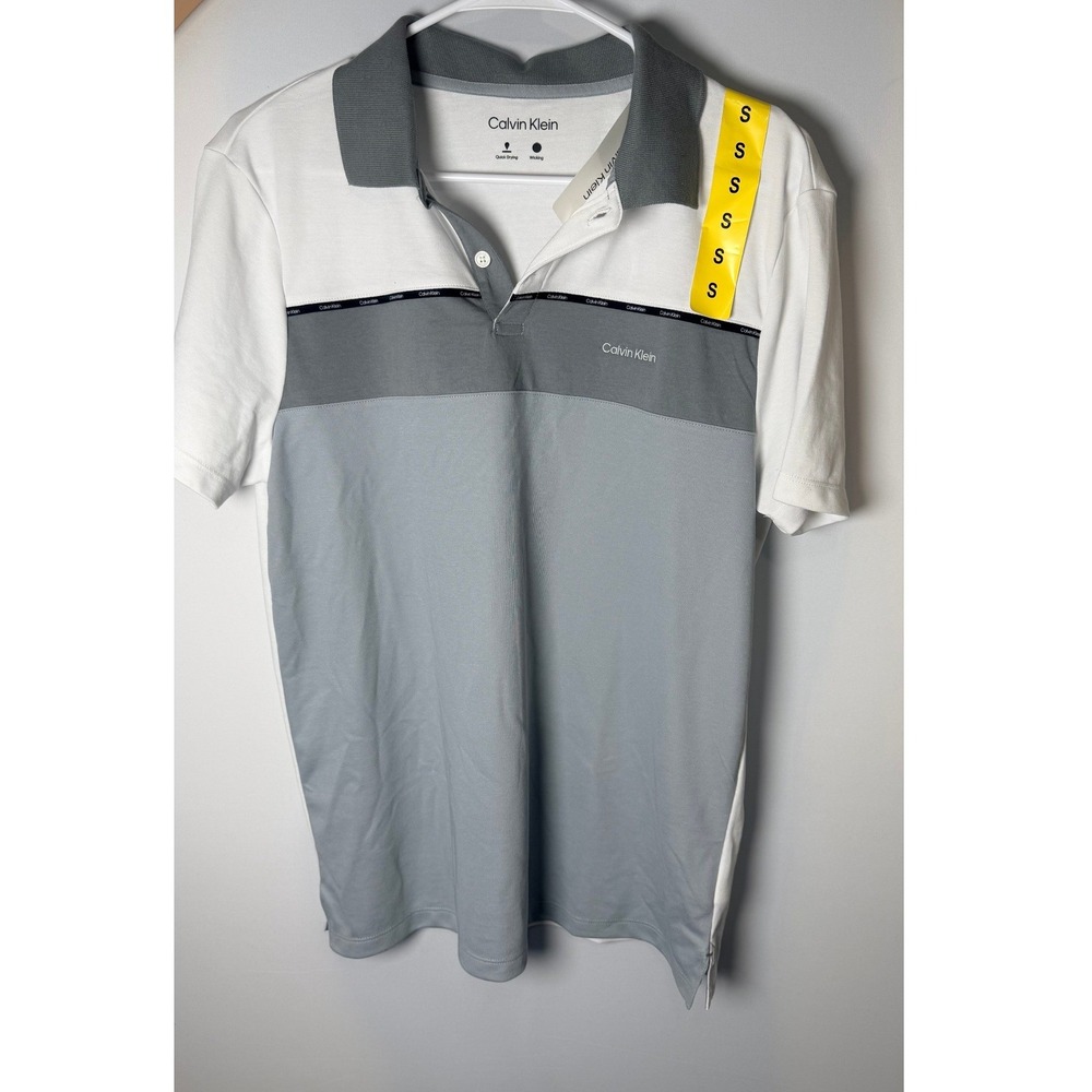 Calvin Klein Mens Colorblock Polo Shirt White Grey Blue Quick Dry Wicking S